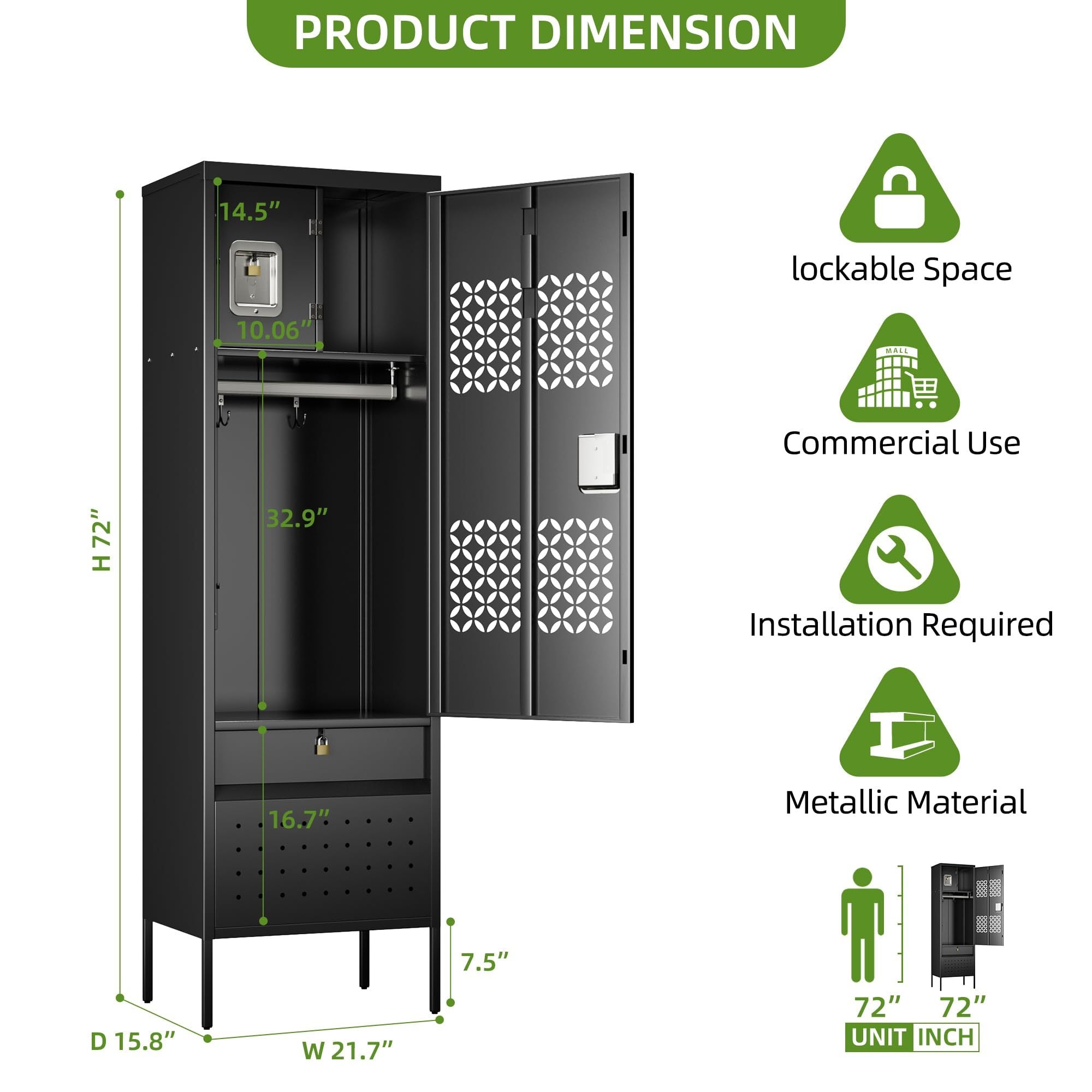 1 Door Metal Locker With Hanging Rod,Metal Storage Locker With Mesh,Suitable For Gym,Basketball Gym,Gymnasiums,Utility Room,Assembly Required,Black