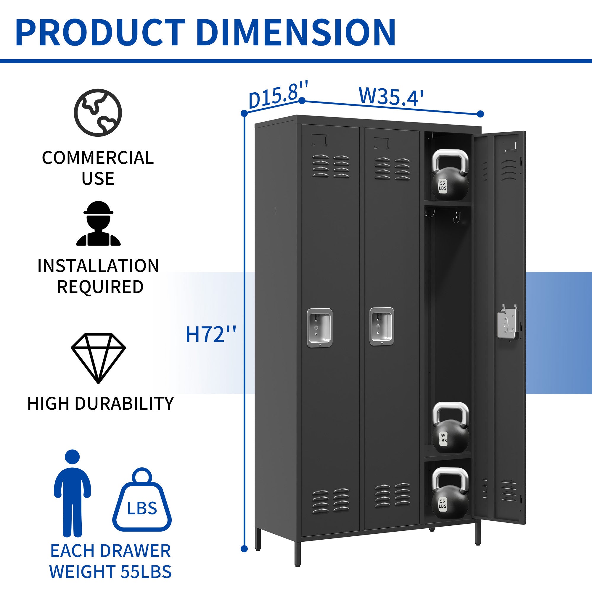 3 Door Metal Lockers With Lock For Employees,Storage Locker Cabinet  For Home Gym Office School Garage,Black