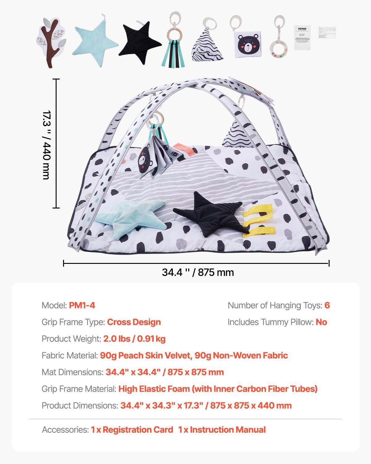 Baby Play Gym Mat Tummy Time Activity Mat With 6 Sensory Toys